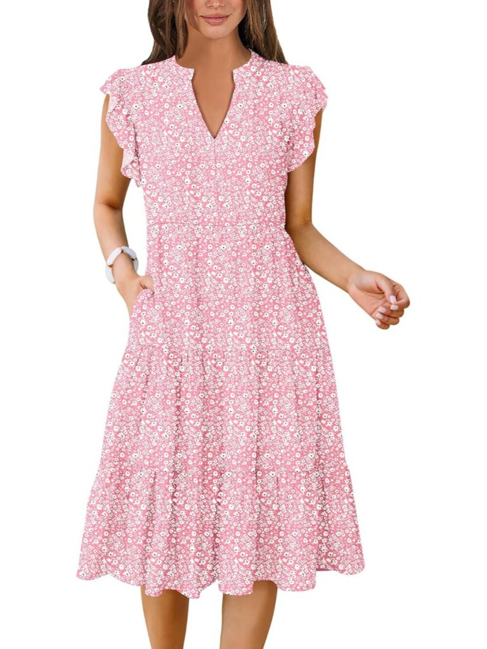 Womens Summer Dress Ruffle Sleeve V Neck Midi Dresses Fashion Casual Fit Flowy T